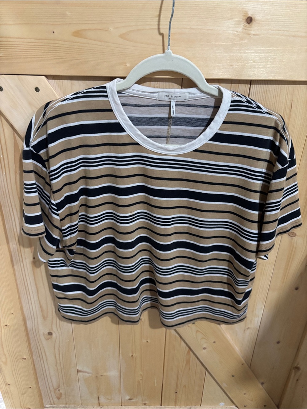 rag & bone Black, Tan and White Striped Crop Short-Sleeve Tee